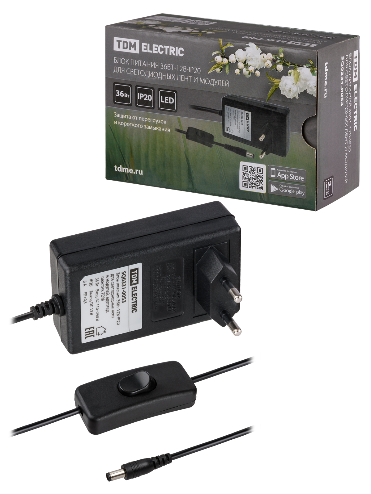 Блок питания c адаптором 36Вт 12В IP20 для светодиодных лент TDM